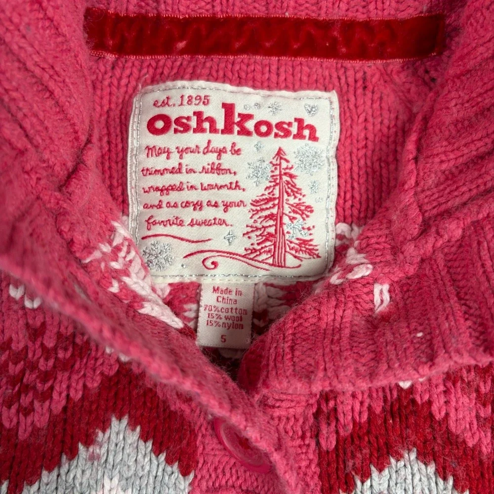 OshKosh Cardigan Sweater Girls Size‎ 5 Pink Fair Isle Nordic Button Front Wool
